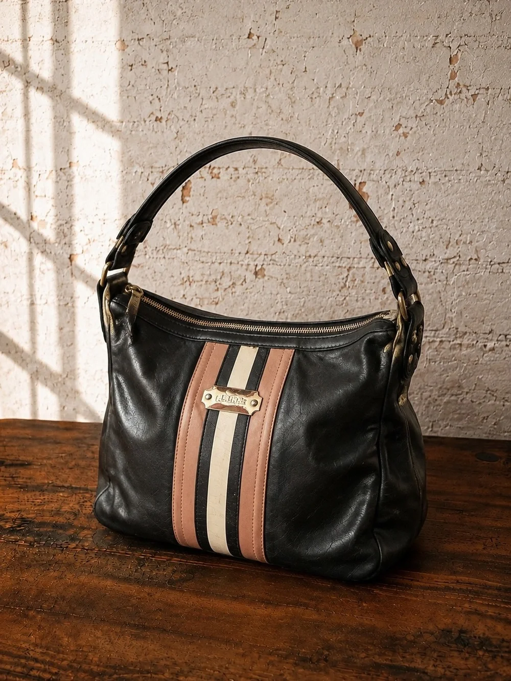 L.A.M.B. Gwen Stefani Genuine Leather Hobo Bag Black Racing Stripe Y2K